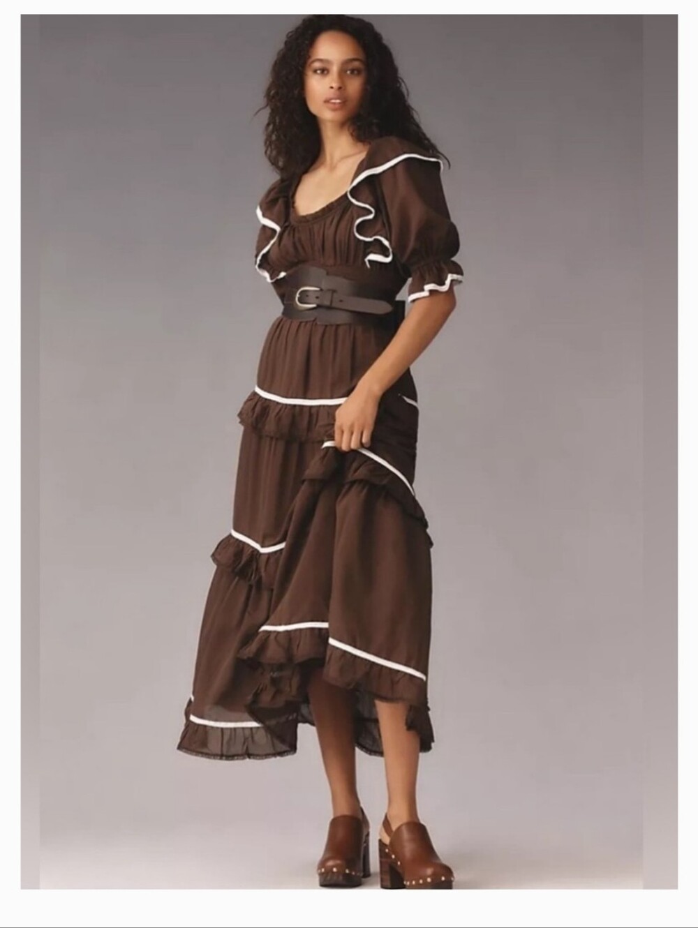 Anthropologie Brown Maxi Dress with White Trim